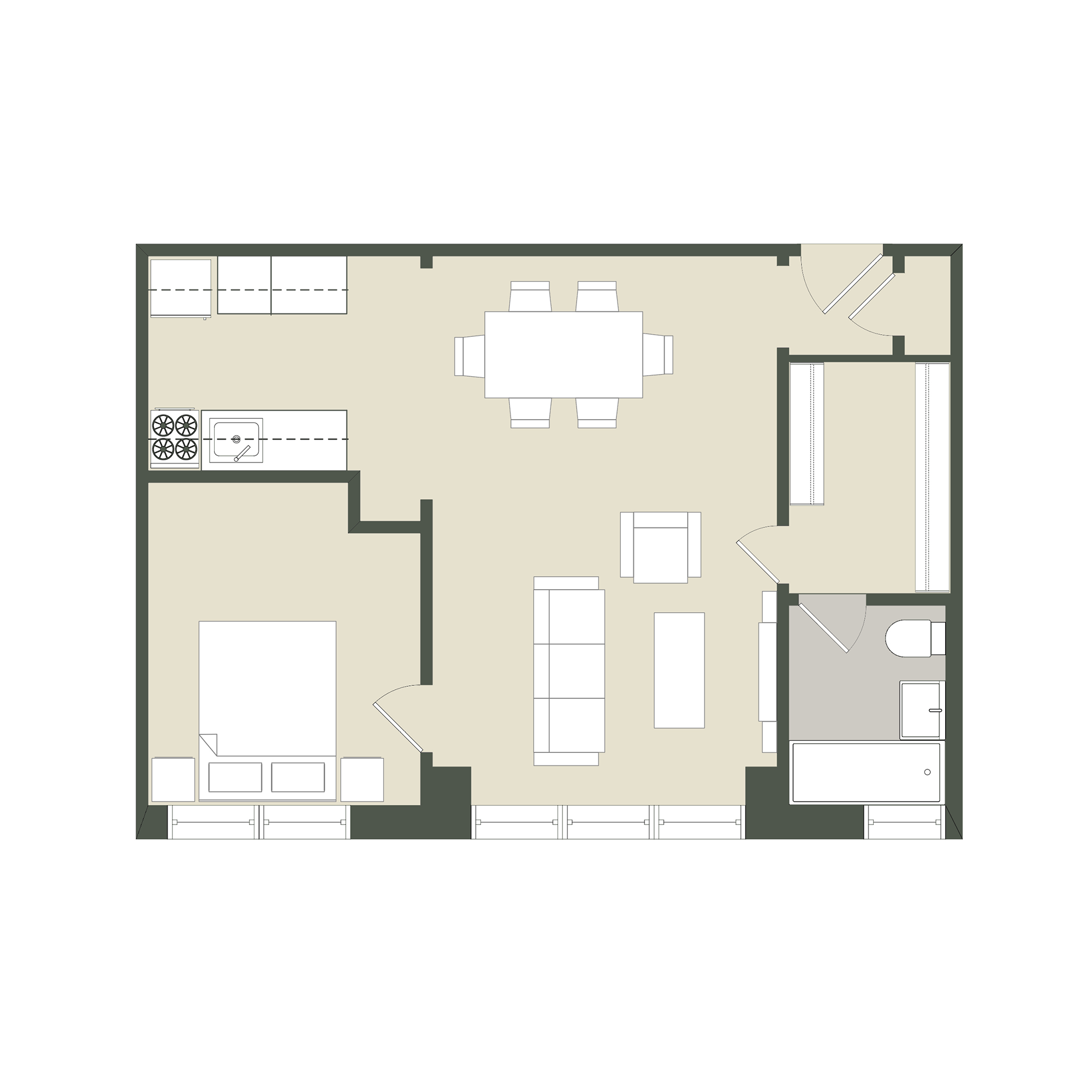 Floor plan for 1 bed, 1 bath